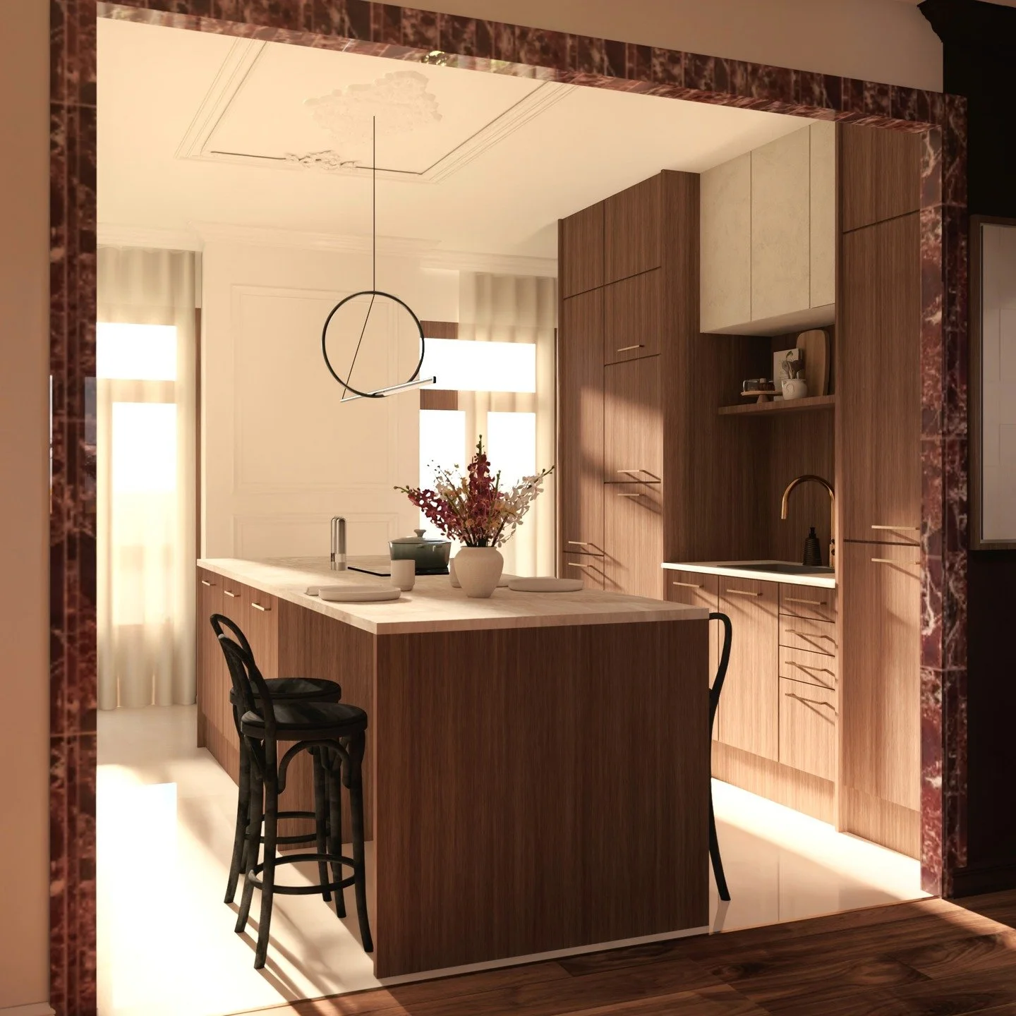 &bull; Projet C&eacute;lia &bull;

Cuisine chaleureuse aux fa&ccedil;ades bois&eacute;es et lignes &eacute;pur&eacute;es.

Le plan de travail clair illumine l&rsquo;ensemble, tandis que les touches de laiton apportent une note &eacute;l&eacute;gante.