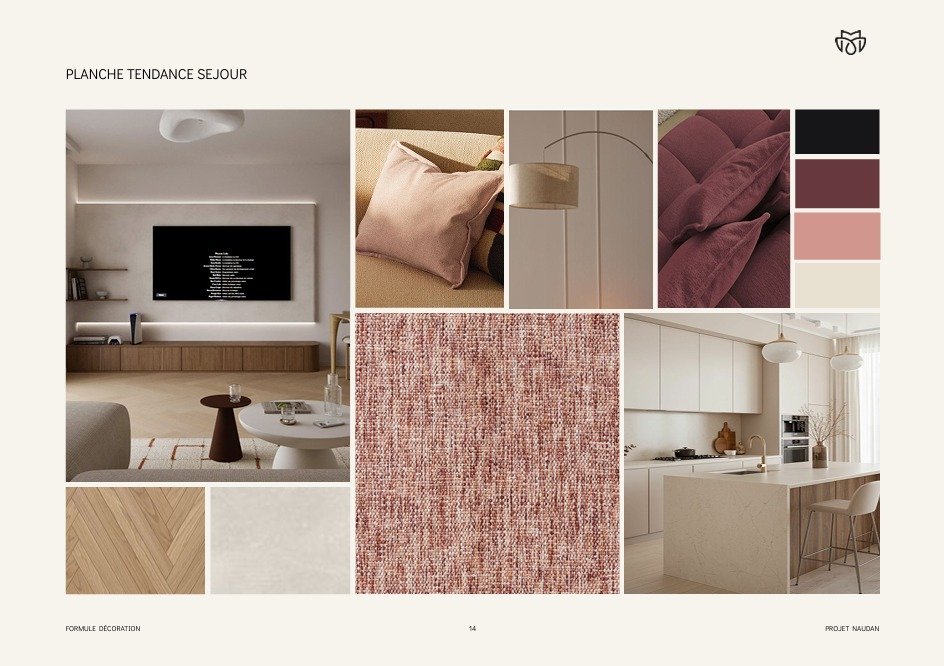 &bull; Projet Naudan &bull;

Tr&egrave;s heureuse de vous pr&eacute;senter l&rsquo;ambiance tendance de ce s&eacute;jour : un univers contemporain et original, sublim&eacute; par une harmonie de couleurs bordeaux, rose poudr&eacute; et beige pour une