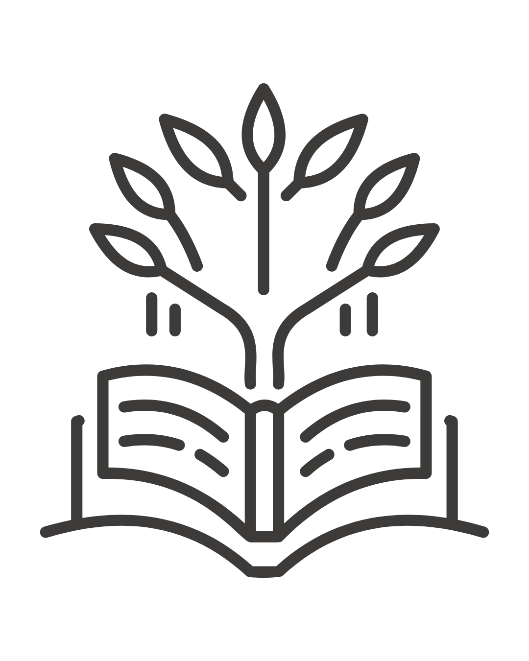 Outline of a book with a tree growing from its pages.