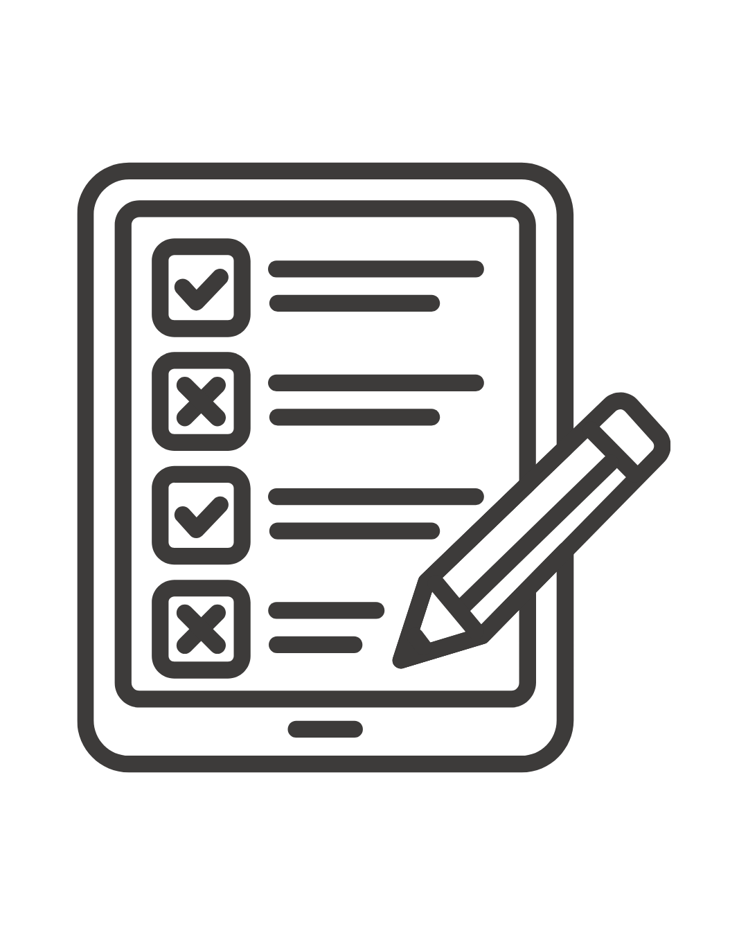 Icon of a checklist on a smartphone with checkmarks and crosses, with a pencil crossing the checklist.