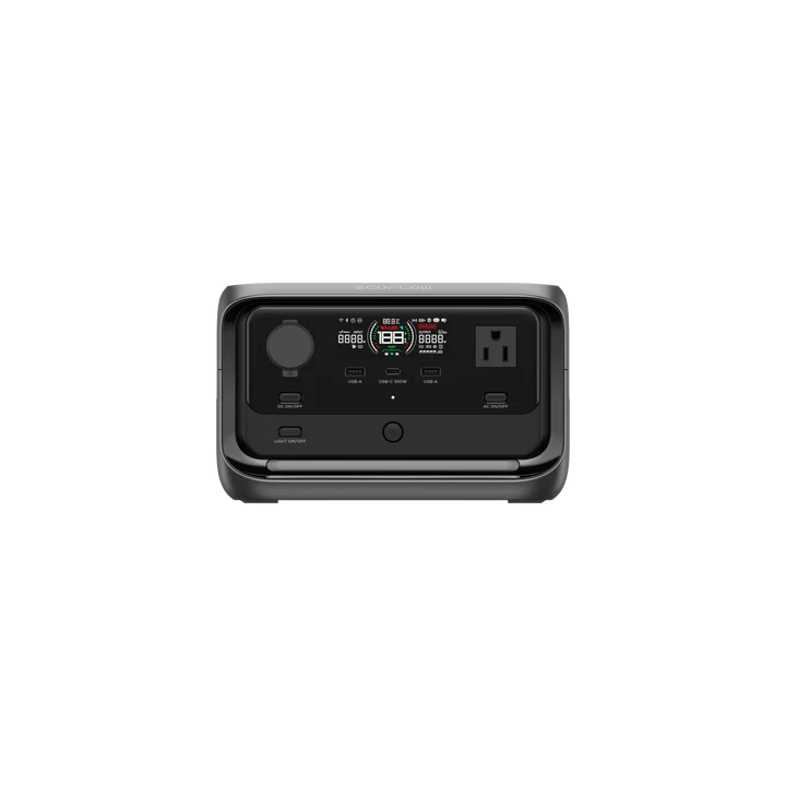 Portable power station with digital display, power outlets, and control buttons.