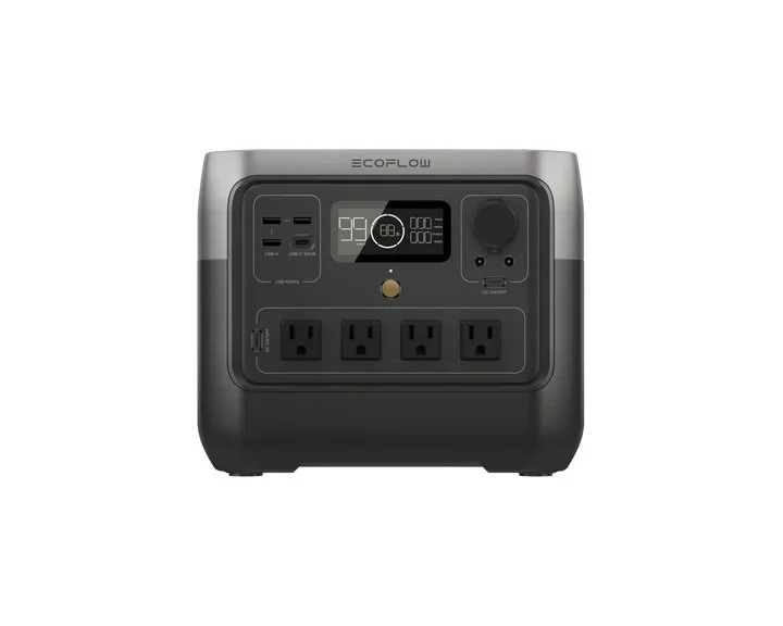 EcoFlow portable power station with multiple power outlets, USB ports, a digital display, and control knob.
