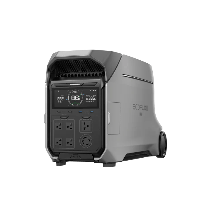 A portable EcoFlow power generator with multiple outlets, display screen, and digital controls.