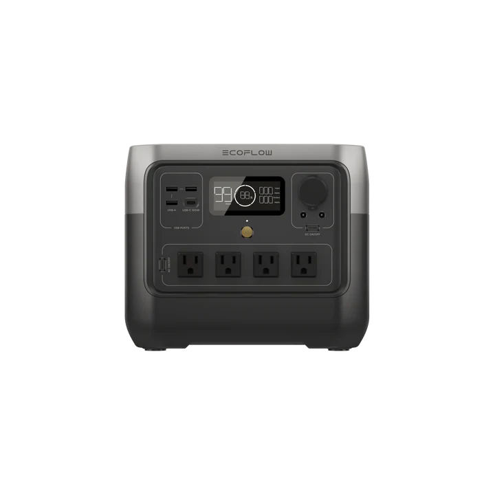 Portable power station with digital display, multiple electrical outlets, USB ports, and control knob