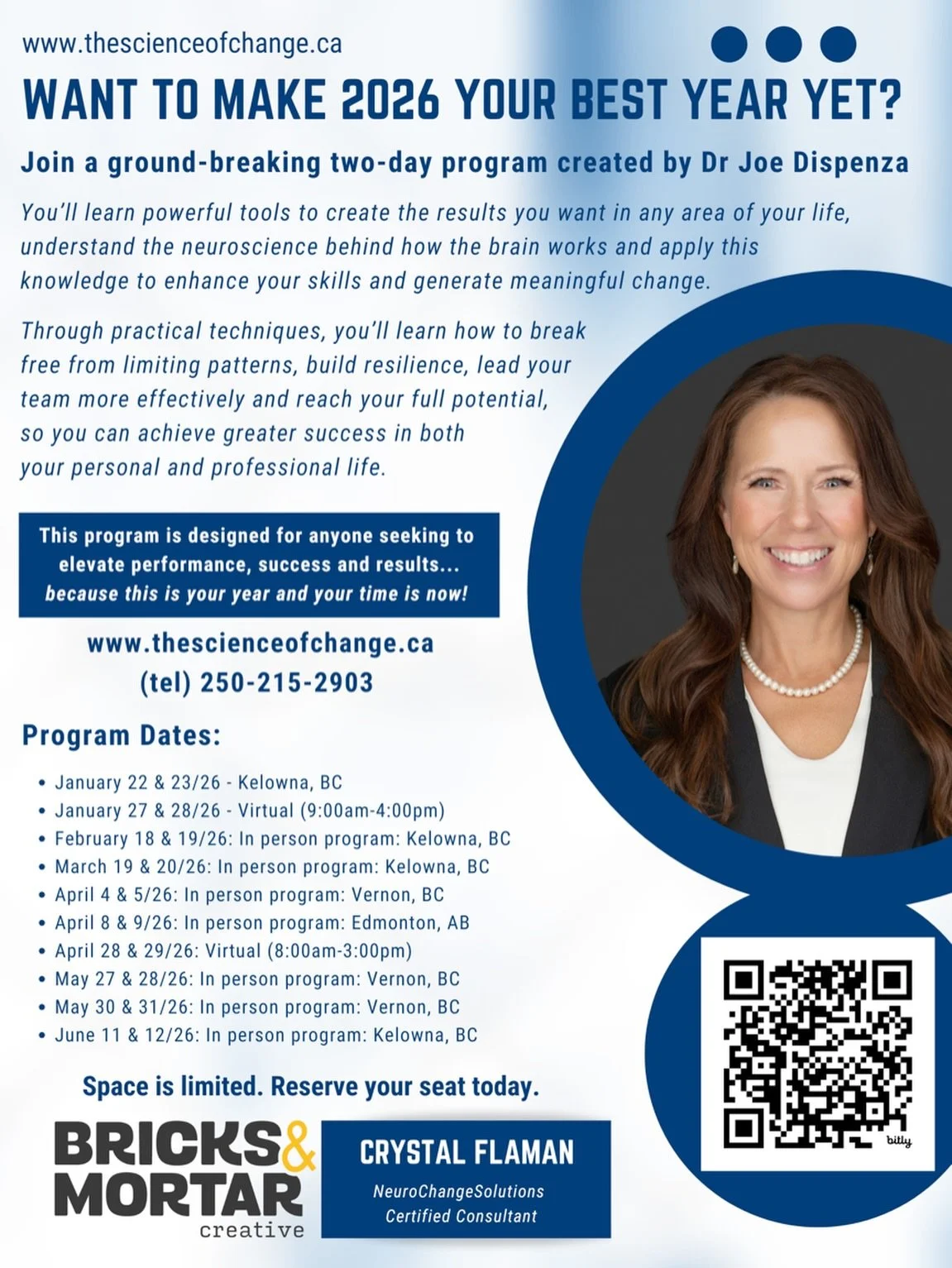 Bricks &amp; Mortar Creative is proud to host a 2-Day NeuroChange Solutions Transformational Experience led by certified consultant Crystal Flaman, based on the science and models of Dr Joe Dispenza.

This immersive program is designed to help you: &