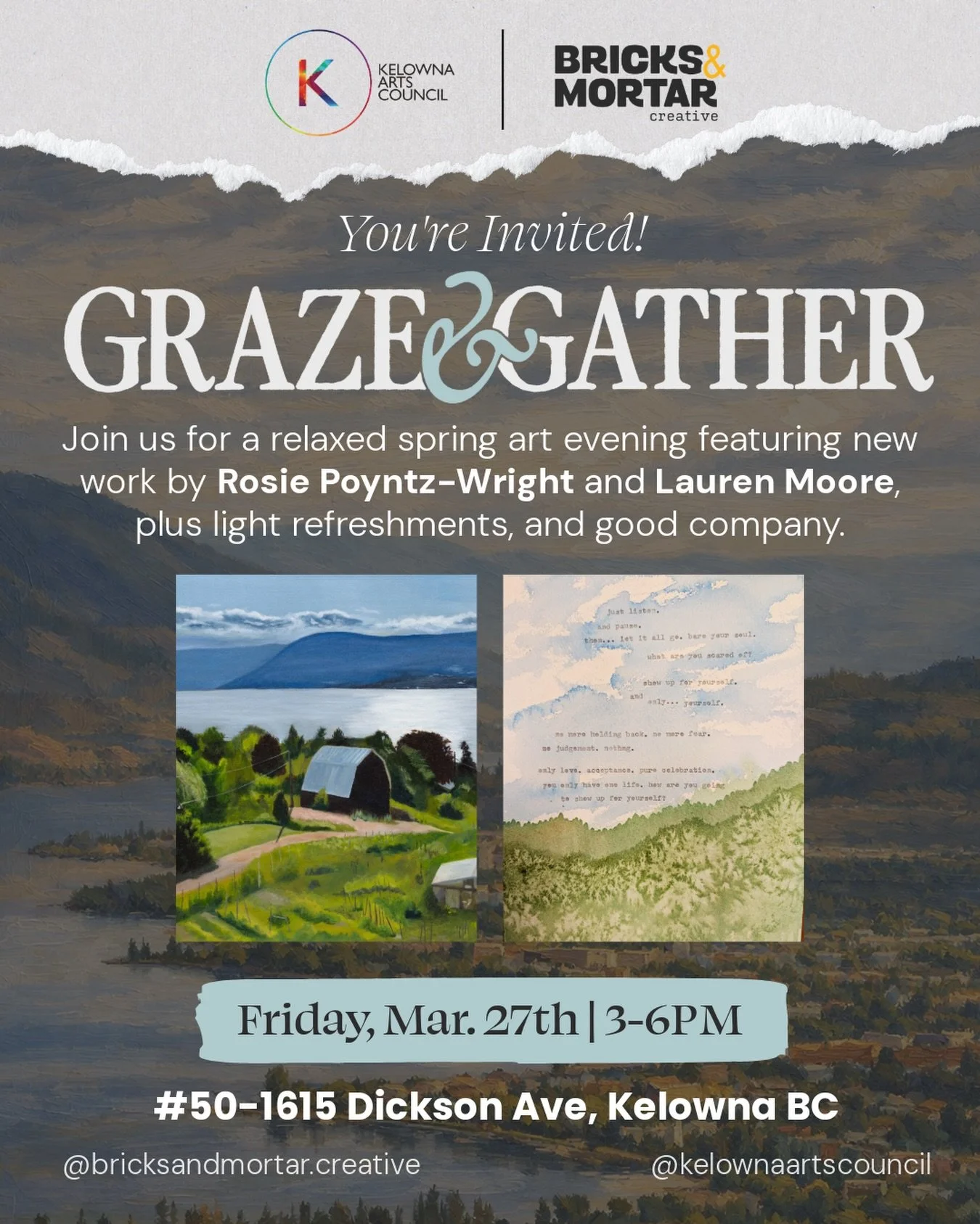 Join us for an evening of art and conversation at Graze &amp; Gather.

We&rsquo;re featuring beautiful new work by Rosie Poyntz-Wright and Lauren Moore, alongside light bites and a relaxed, welcoming atmosphere. The perfect way to spend a Friday afte