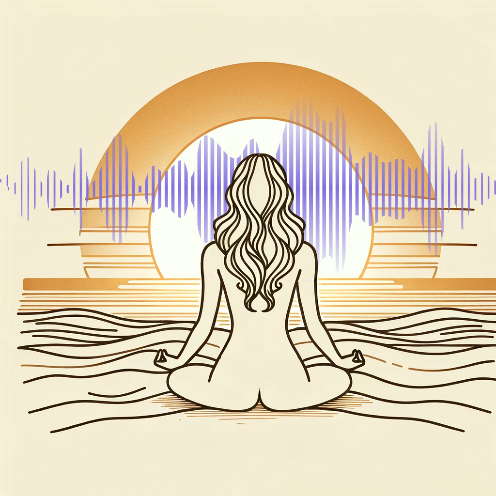 stylized digital illustration of a woman meditating on a beach during sunset. A soft purple soundwave pattern overlays the image, symbolizing sound vibrations and relaxation. The artwork evokes tranquility, mindfulness, and sound healing.