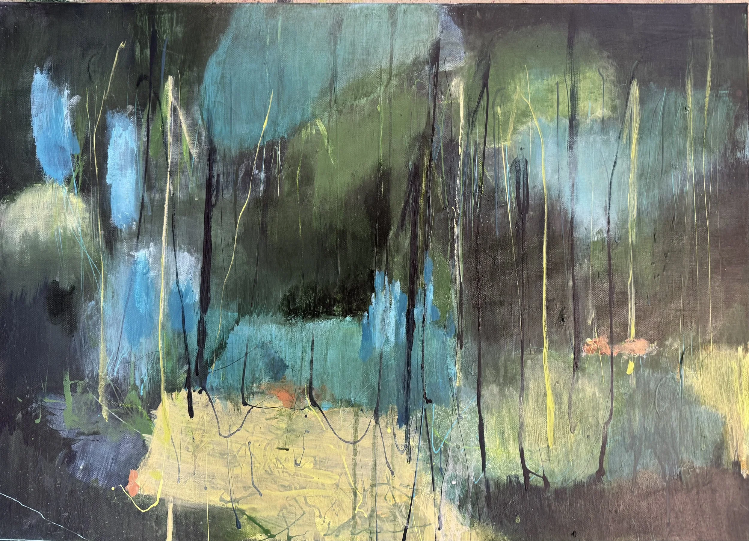 Abstrakt maleri med blå, grønn, gul og svart fargebruk med drypp- og bevegelseseffekter.