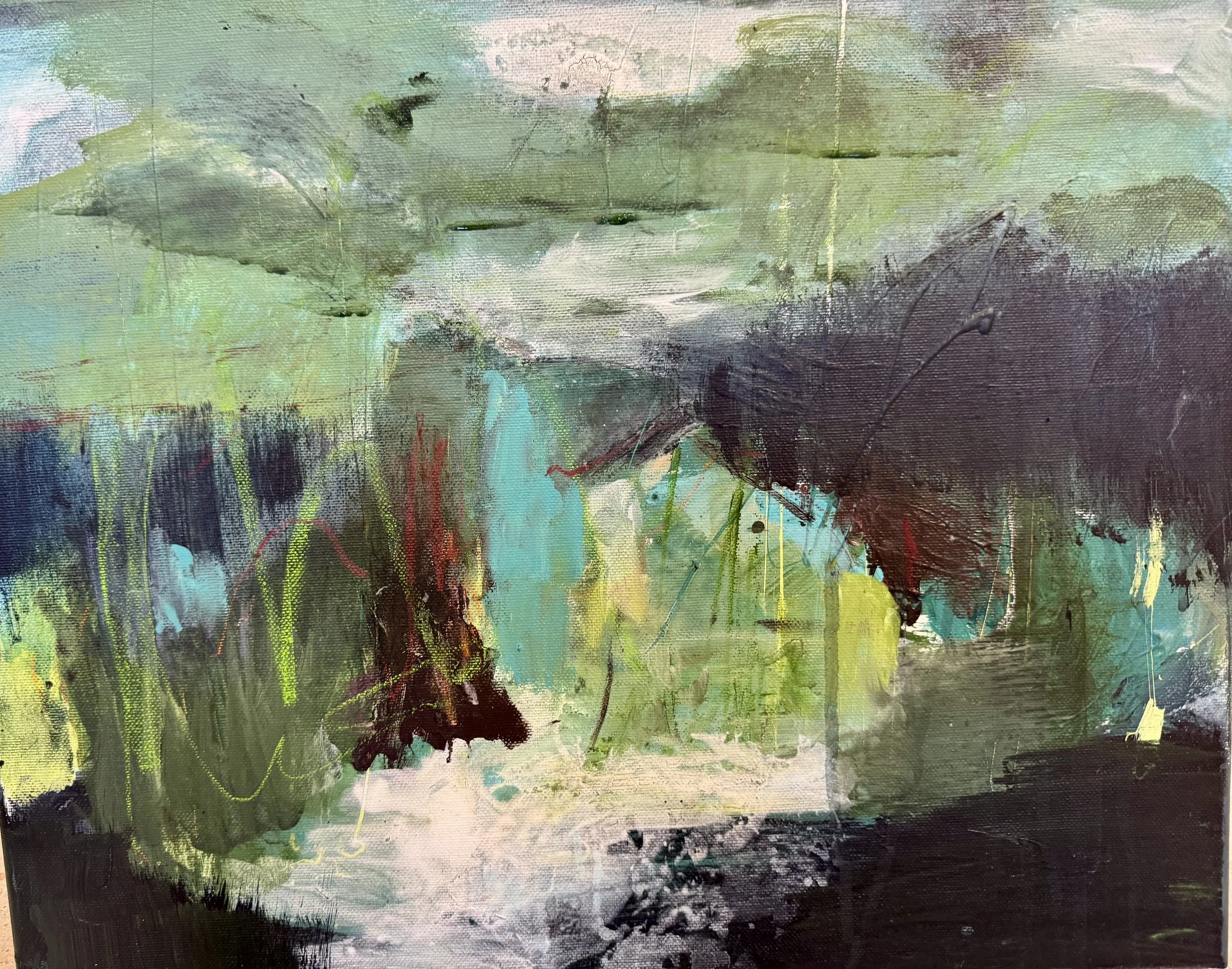 Abstract maleri med grønne, blå, svarte og lyse nyanser, med fargestreker og teksturer.