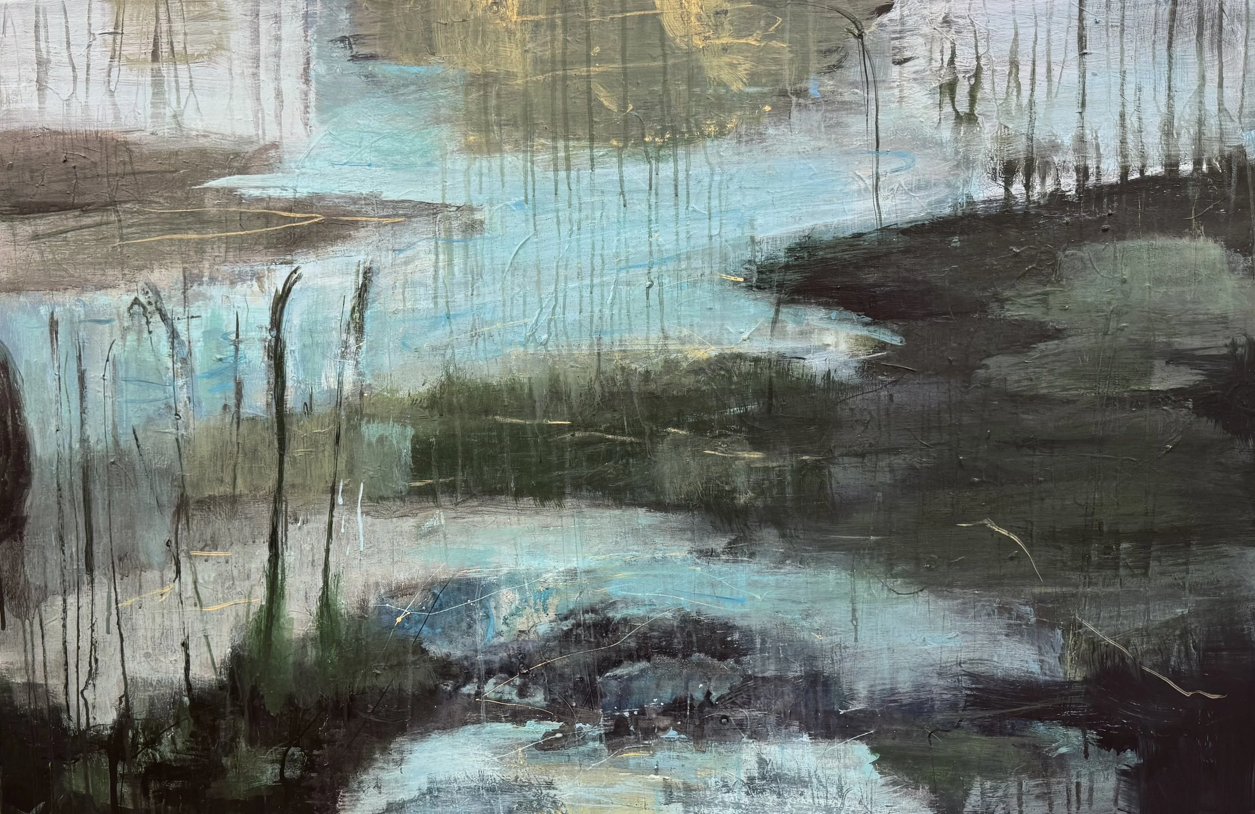 Abstrakt maleri med sterke mørke og lyse farger, med synlige penselstrøk og tekstur.