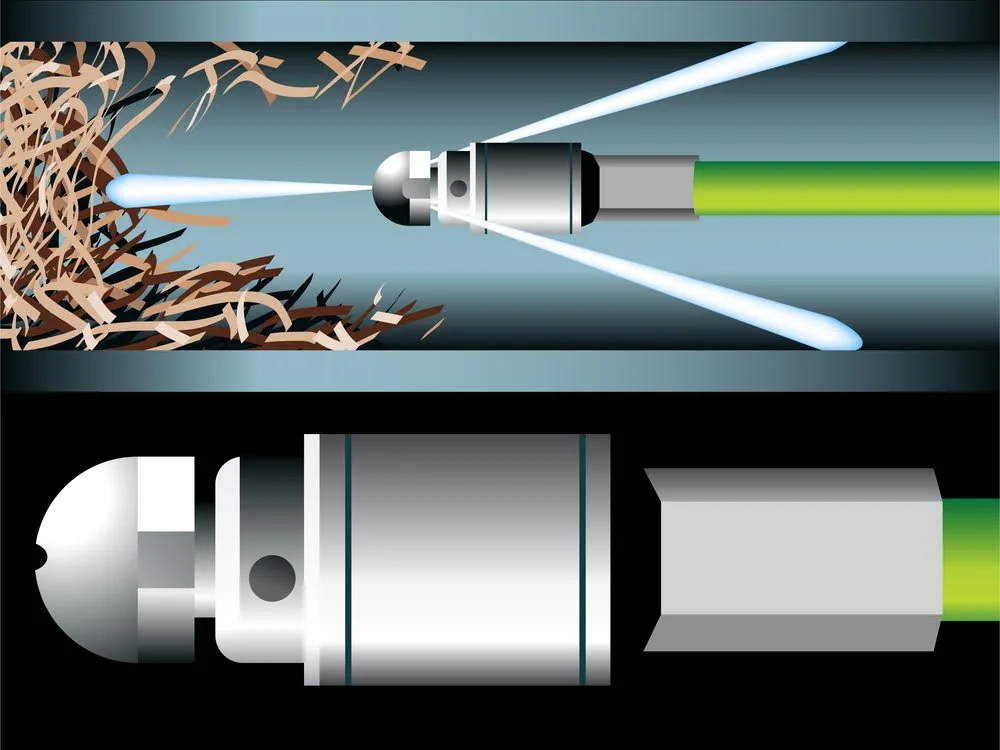 Illustration of a hydro jet nozzle cleaning out a pipe.