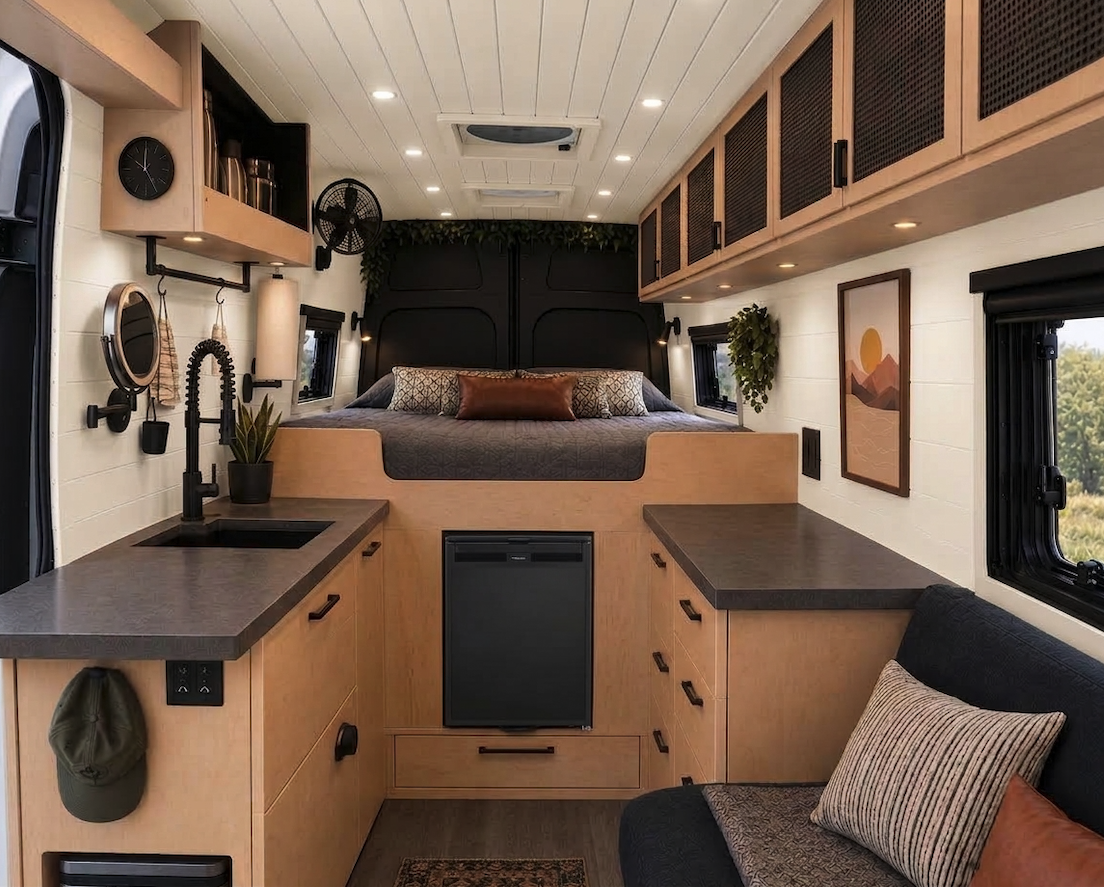 Imperfect AI rendering of the design of the interior. Head of the bed will be on the passenger side though. 