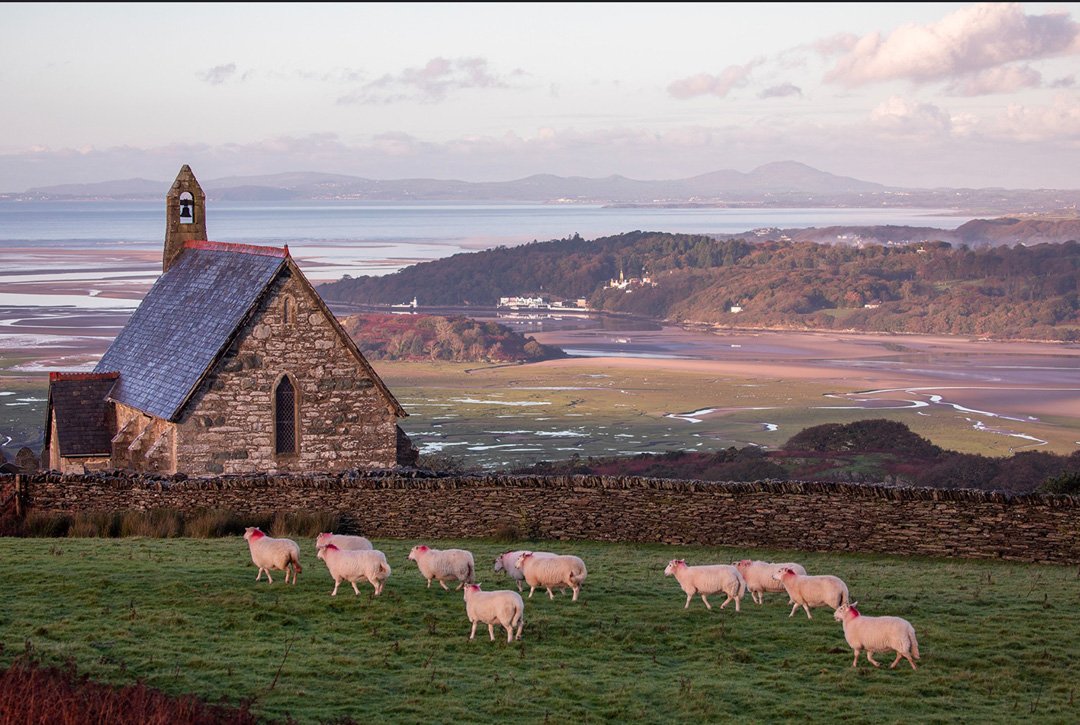 Llandecwyn chapel with portmeirion in background.jpg