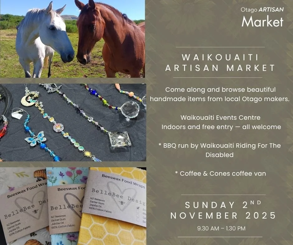 𝑾𝒂𝒊𝒌𝒐𝒖𝒂𝒊𝒕𝒊 𝑨𝒓𝒕𝒊𝒔𝒂𝒏 𝑴𝒂𝒓𝒌𝒆𝒕 &mdash; 𝑻𝒐𝒎𝒐𝒓𝒓𝒐𝒘!

Join us for a great morning supporting local makers inside the Waikouaiti Events Centre.

🕤 Sunday 2nd November | 9.30 AM &ndash; 1.30 PM
🍔 BBQ run by Waikouaiti Riding For