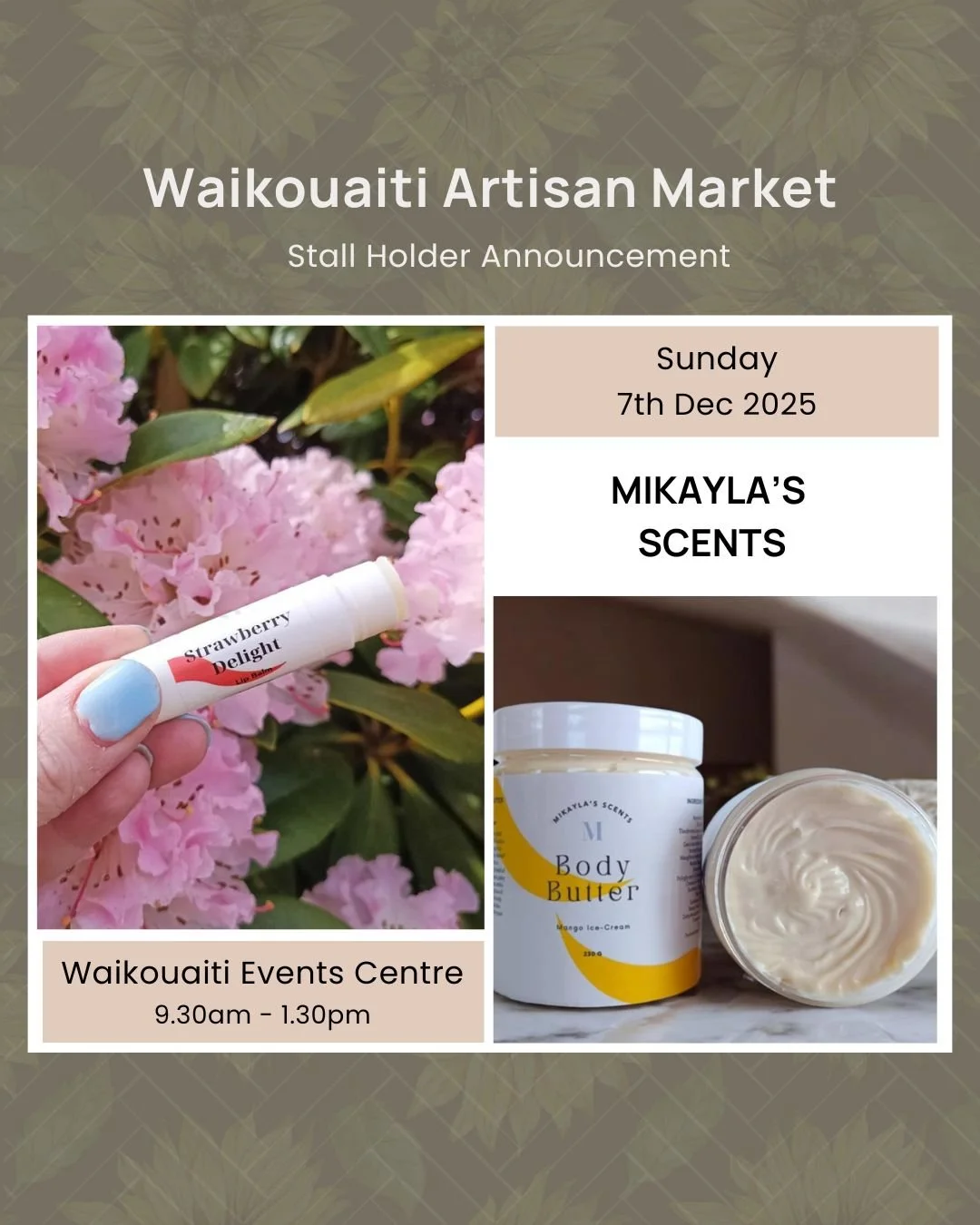 🎅 Stall Announcement - @mikaylas_scents 🎅

#waikouaitimarket #otagoartisanmarket #otagoartisans