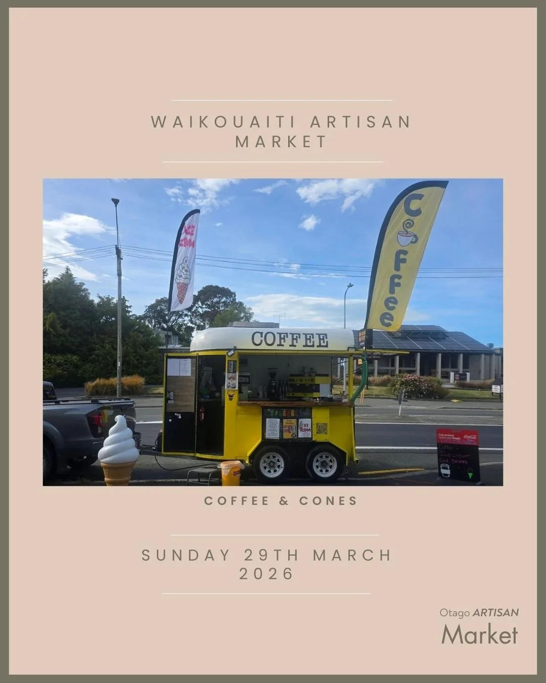 Great news for coffee lovers!

Coffee &amp; Cones will be back at the market on Sunday 29 March, so you can start your morning right before you browse the stalls.

Come and support some locals.

Join us at the Waikouaiti Events Centre from 9.30am to 