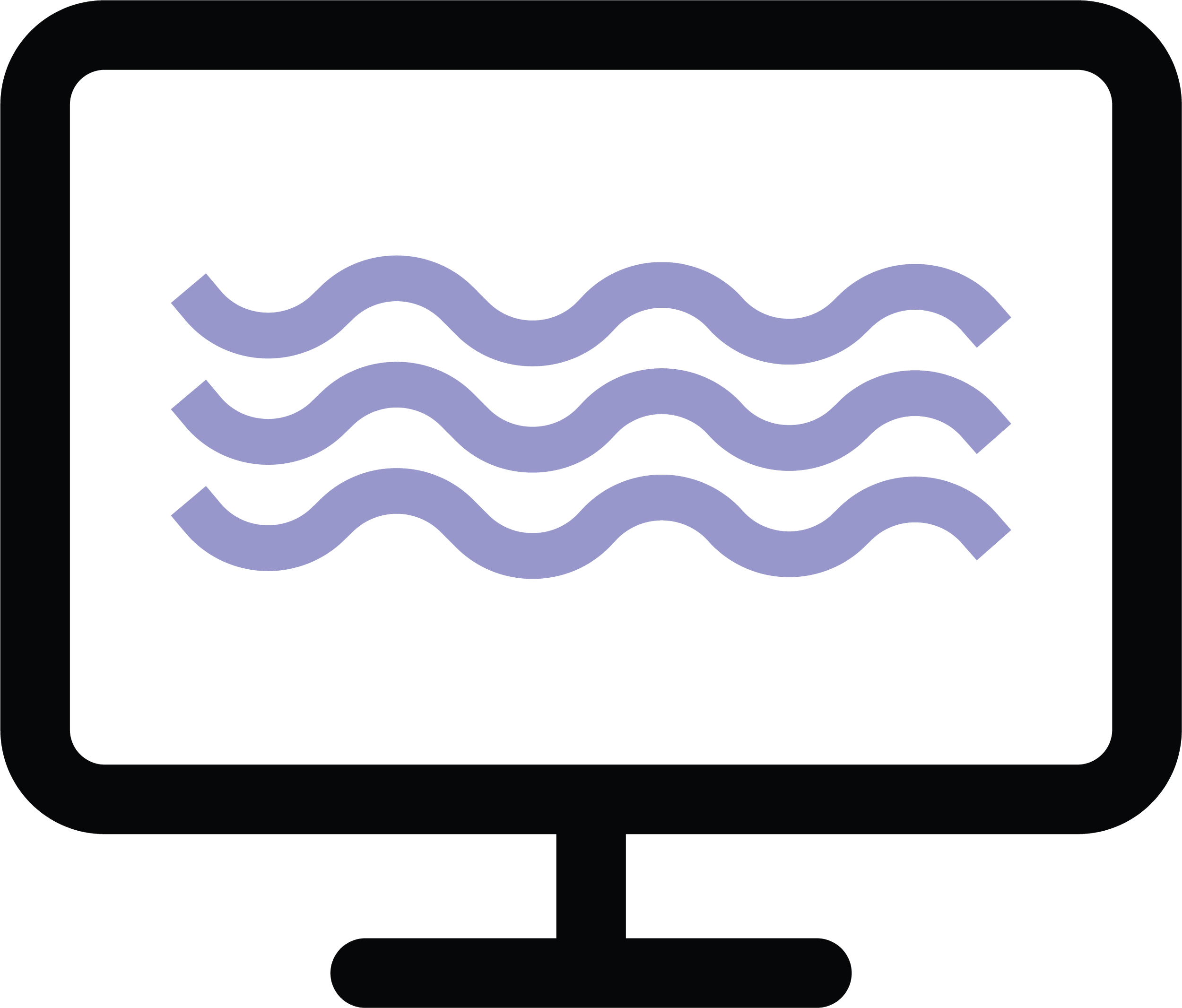 Computer monitor displaying an icon of five wavy lines, representing water or waves, in purple on a black background.