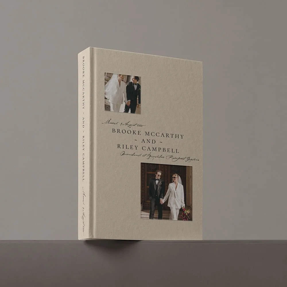 A wedding album with the names Brooke McCarthy and Riley Campbell, including photos of the couple on their wedding day.