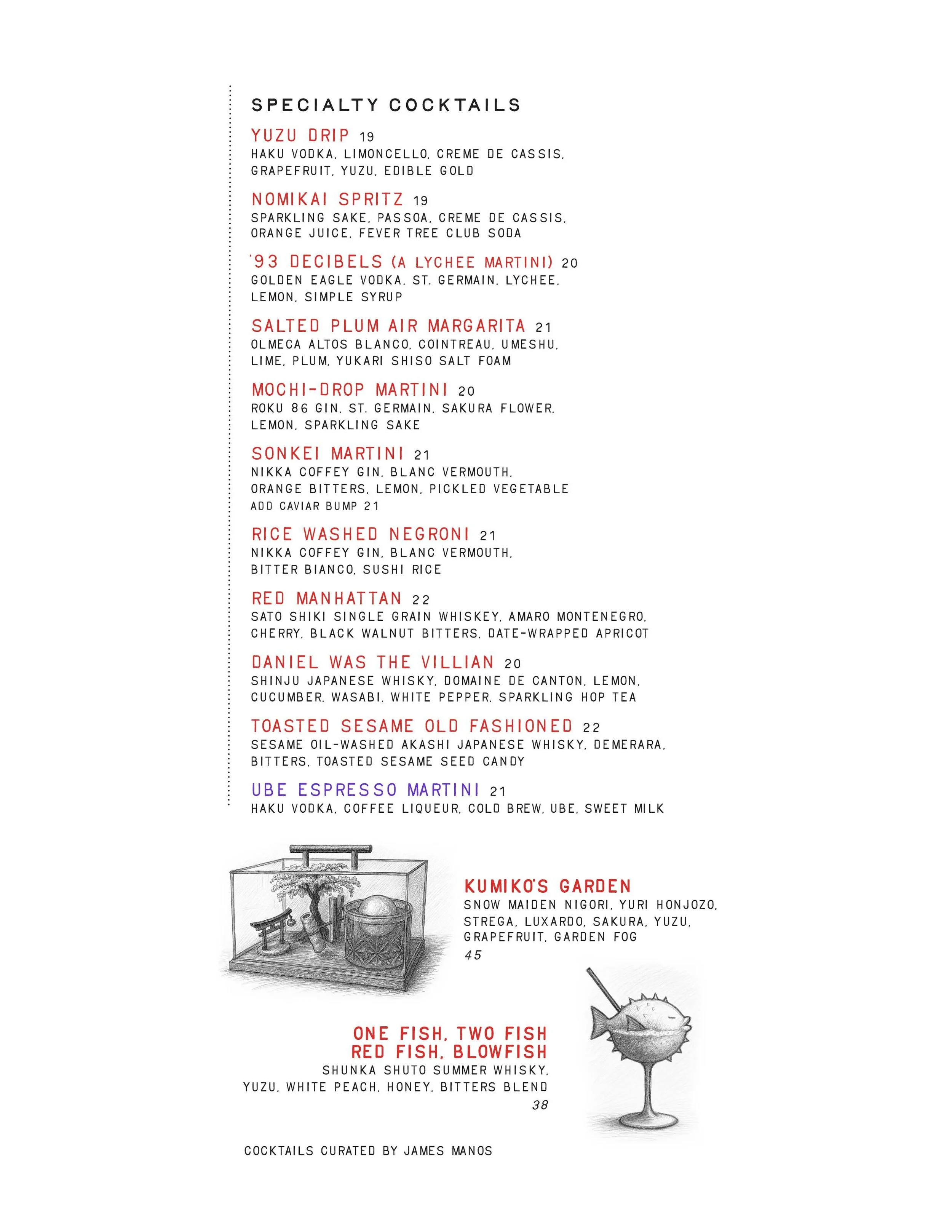 Part of a menu featuring specialty cocktails, including Yuzu Drip, Nomikai Spritz, '93 Decibels, Salted Plum Air Margarita, Mochi-Drop Martini, Sonkei Martini, Rice Washed Negroni, Red Manhattan, and Daniel Was the Villain. There is an illustration o