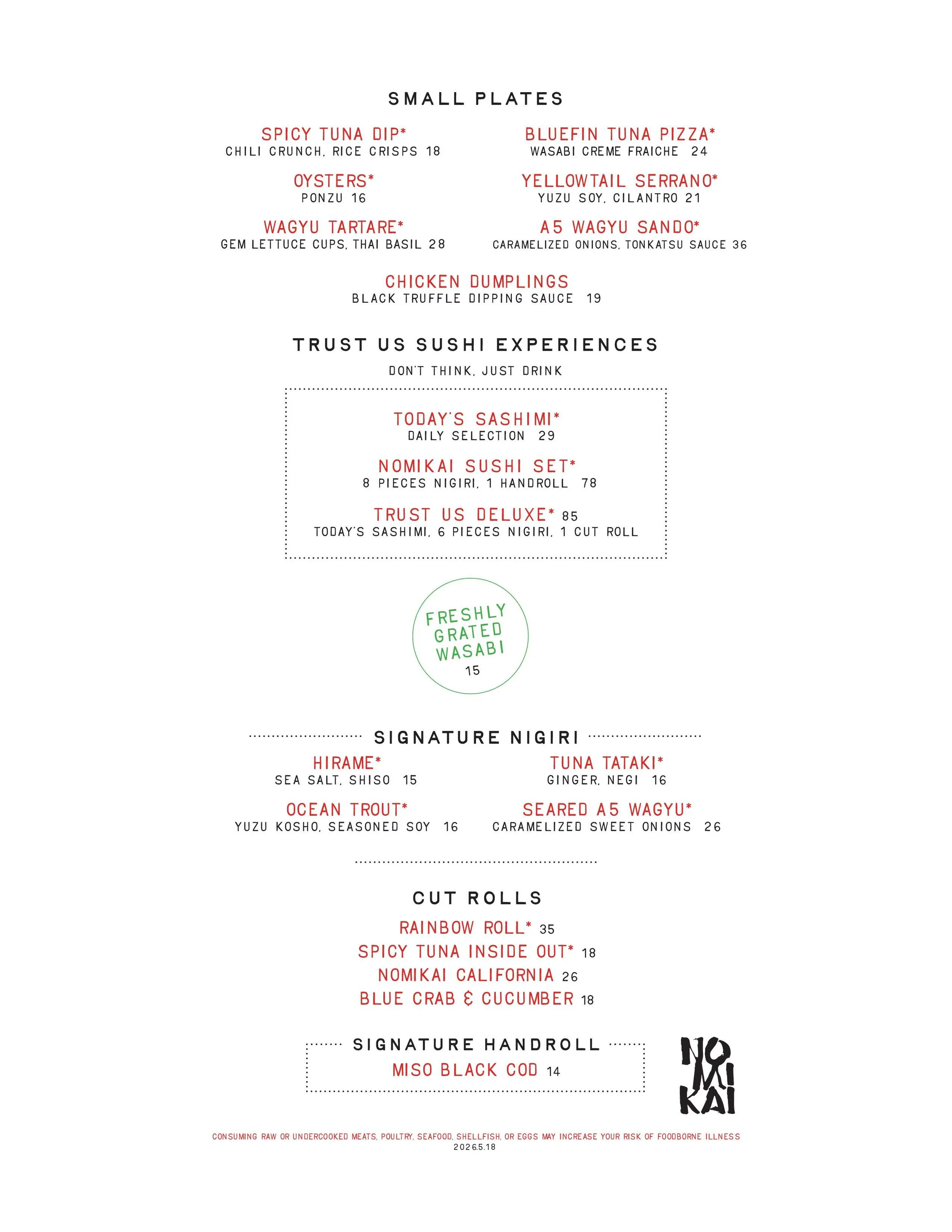 A sushi restaurant menu listing various small plates, sashimi, signature nigiri, handrolls, and cut rolls with prices, written in black and red text on a white background.