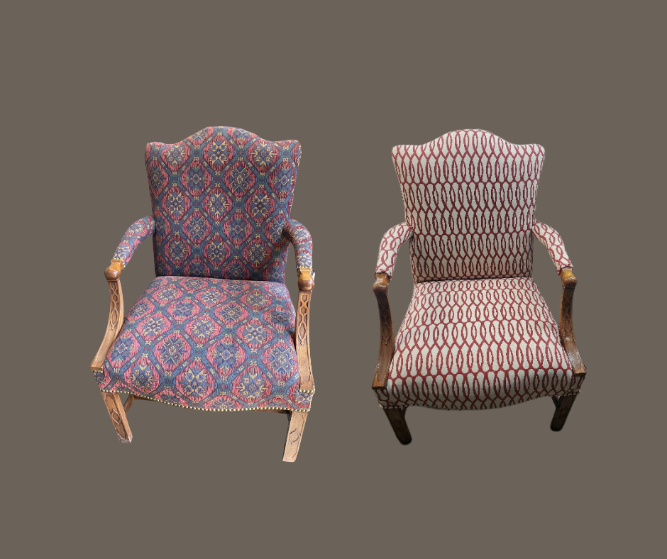 Two vintage armchairs with patterned upholstery and wooden armrests on a neutral background.