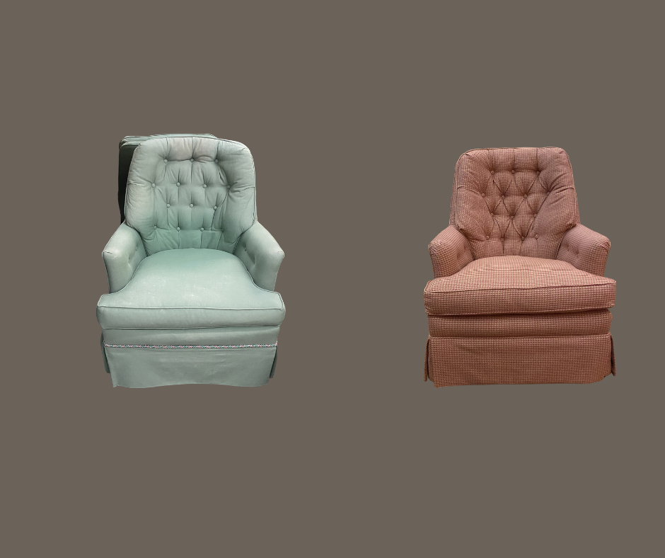 Two upholstered armchairs, one light green and one pink, against a plain background.