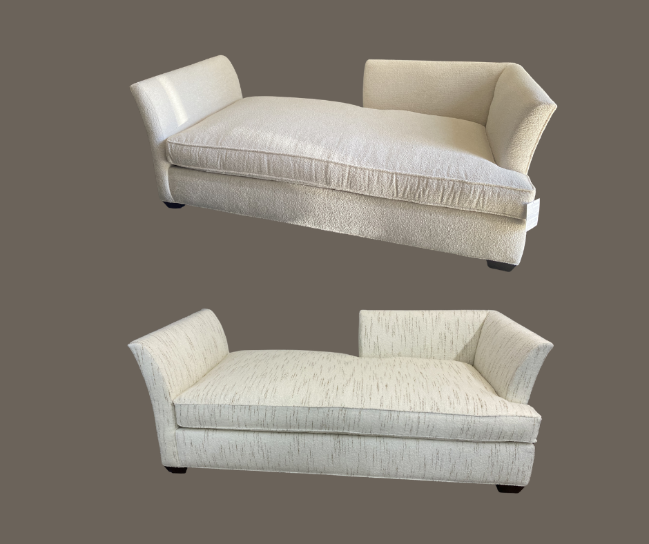 Two cream-colored upholstered sofas on a plain gray background, one with a taller back and the other with a sloped armrest.
