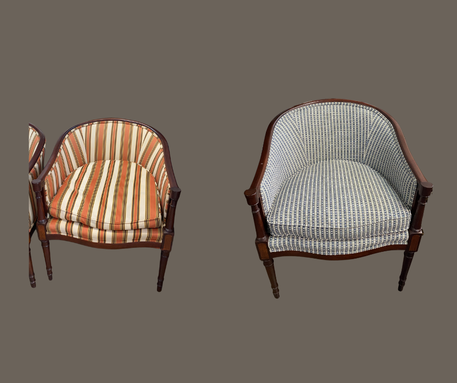 Two vintage armchairs with wooden frames, one with orange and beige striped upholstery and the other with blue and beige checkered upholstery, set against a plain background.