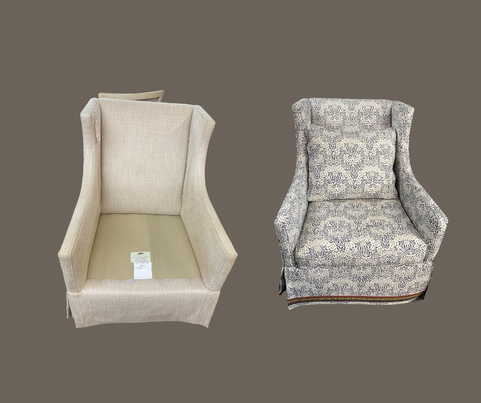 Two upholstered armchairs, one with beige patterned fabric and the other with blue and white floral fabric, placed against a plain background.