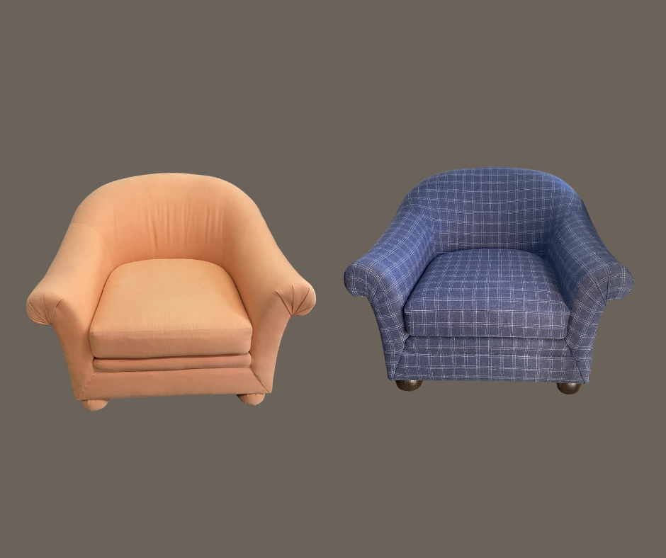 Two armchairs, one pink-colored with smooth fabric, one blue checkered, both with rounded armrests, on a plain brown background.