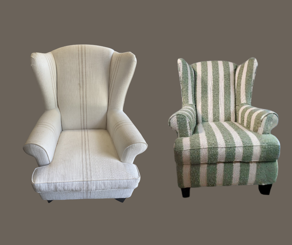 Two upholstered armchairs, one in cream fabric and one in green and white striped fabric, placed against a plain background.