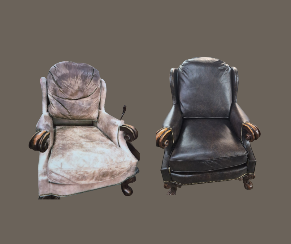 Two vintage armchairs, one with beige fabric upholstery and the other with black leather upholstery, against a plain background.