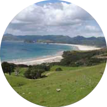 Scenic coastal landscape with a beach, ocean, rolling green hills, and cloudy sky.
