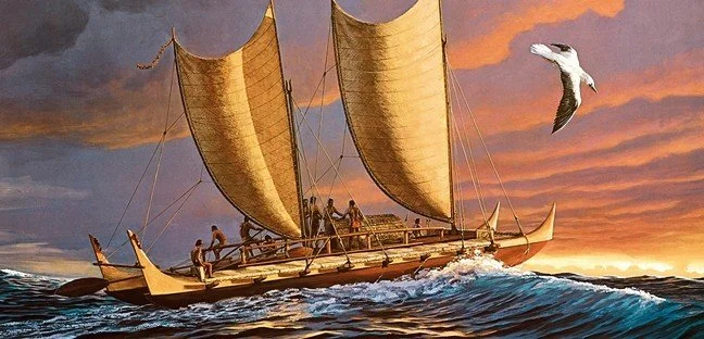 Illustration of a Polynesian waka hourua, a double hulled canoe with people on board and a seabird flying.