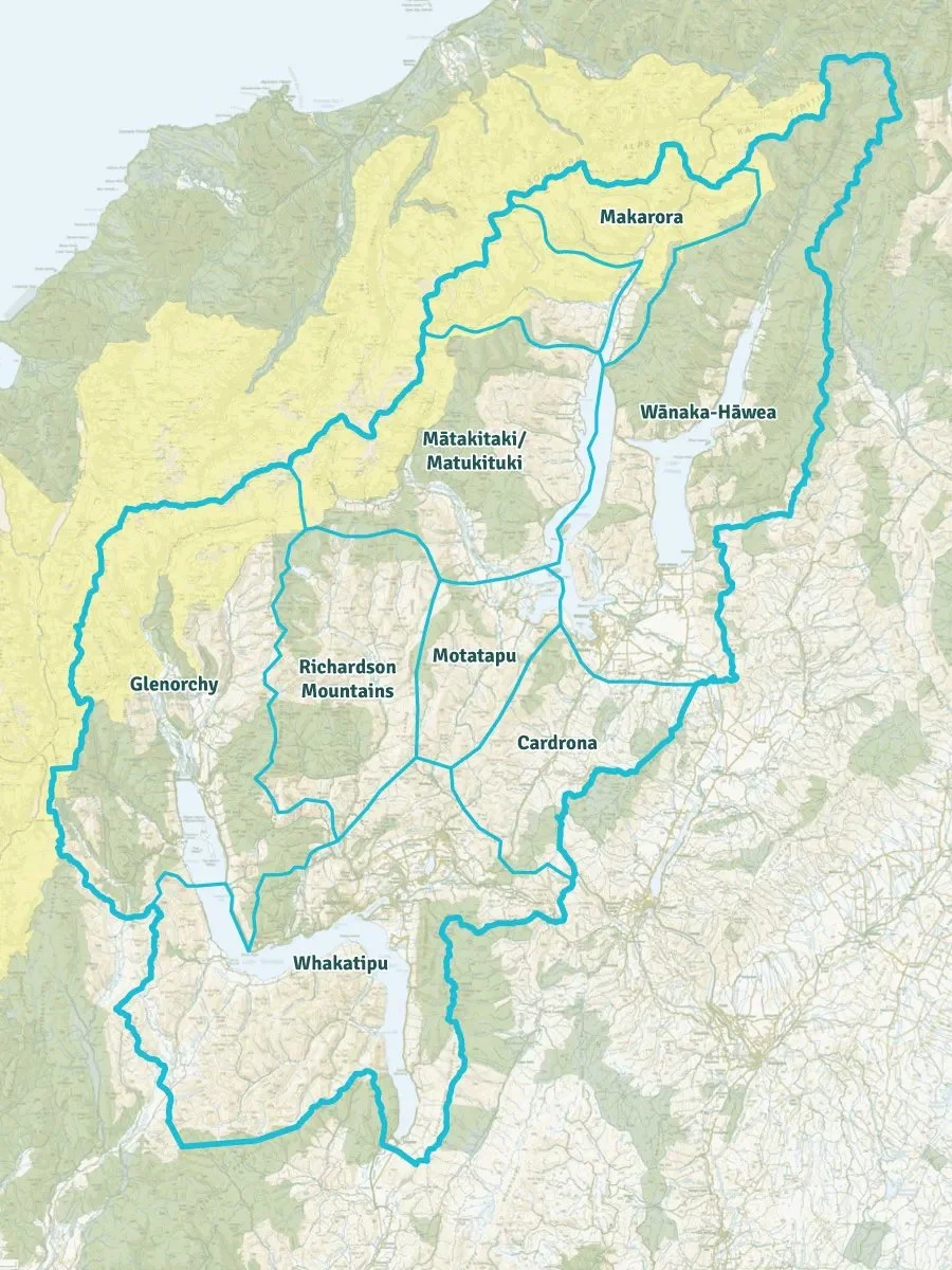 A map showing the seven project hubs within Southern Lakes Sanctuary.