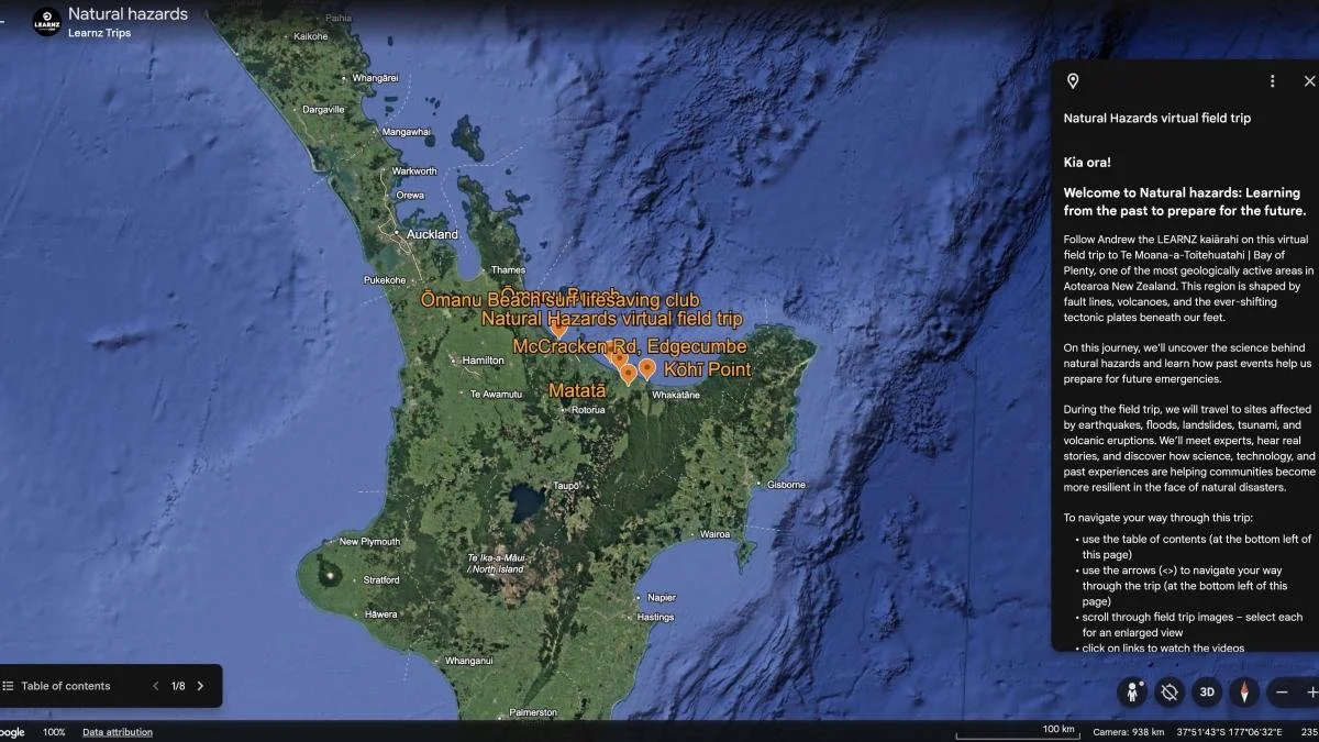 Map of northern New Zealand highlighting locations for a natural hazards virtual field trip, including Ōmānu Beach Surf Lifesaving Club, McCracken Road, Edgecumbe, Kōhī Point, and Matatā, with labels and a legend on the right side.