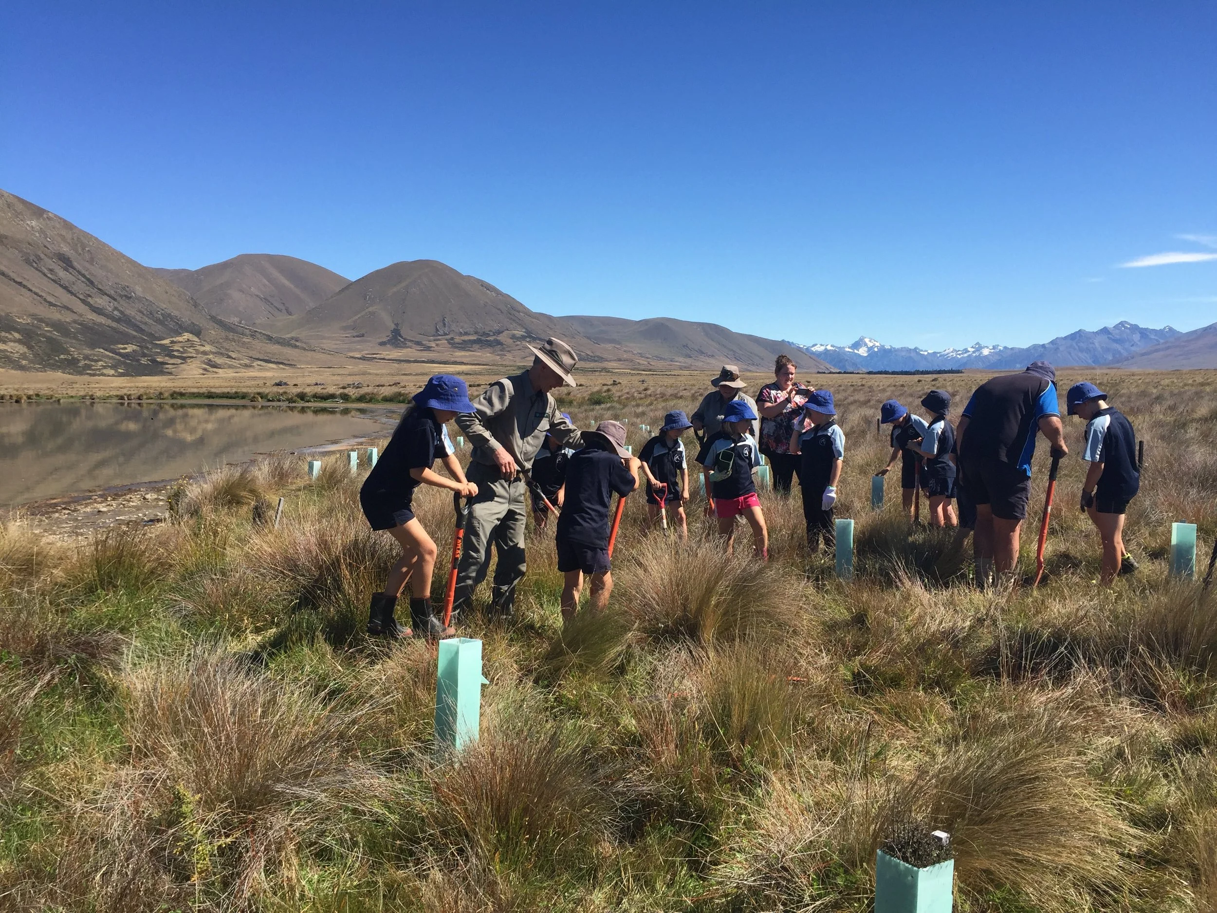 A group of children and adults planting trees in a grassy field with mountains and a clear blue sky in the background.