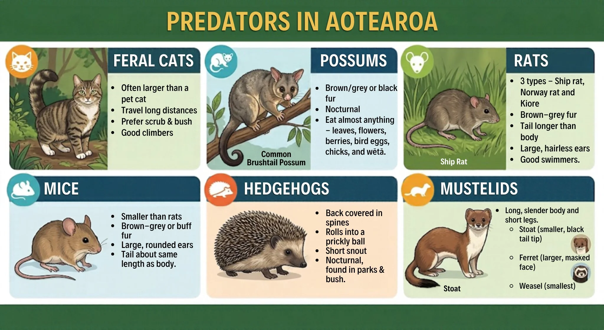 A diagram showing and describing predators in Aotearoa.