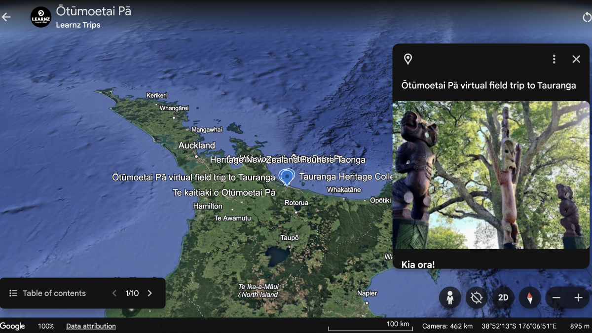 Map of New Zealand highlighting a virtual field trip to Tauranga with cultural images of Māori carvings.