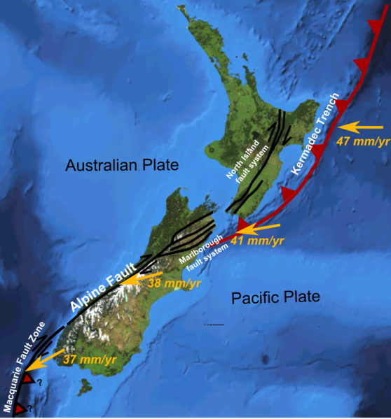 Diagram of map of Aotearoa showing tectonic plates and faults.