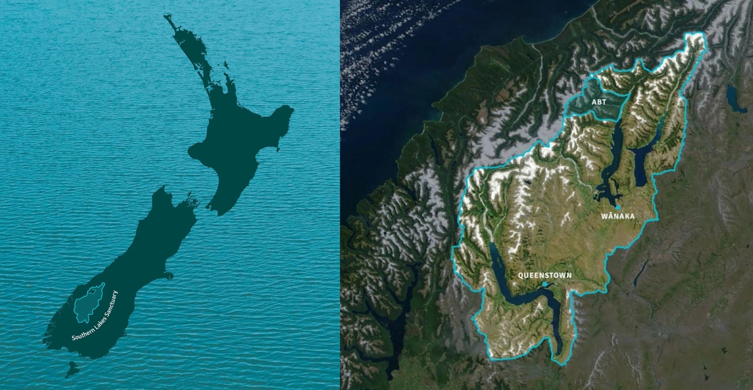 Map and satellite image showing the location of the Southern Lakes Sanctuary.