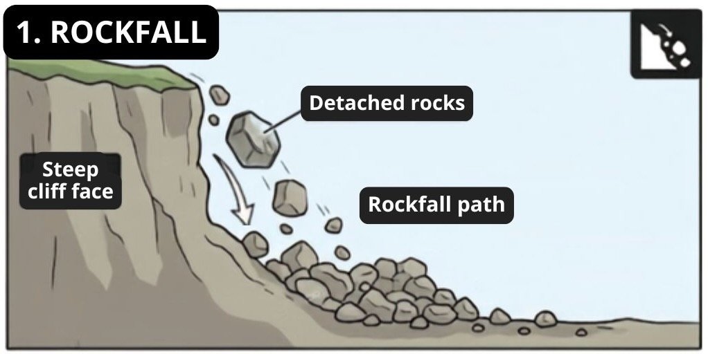 A diagram of rockfall showing detached rocks, a steep cliff face, and the rockfall path.