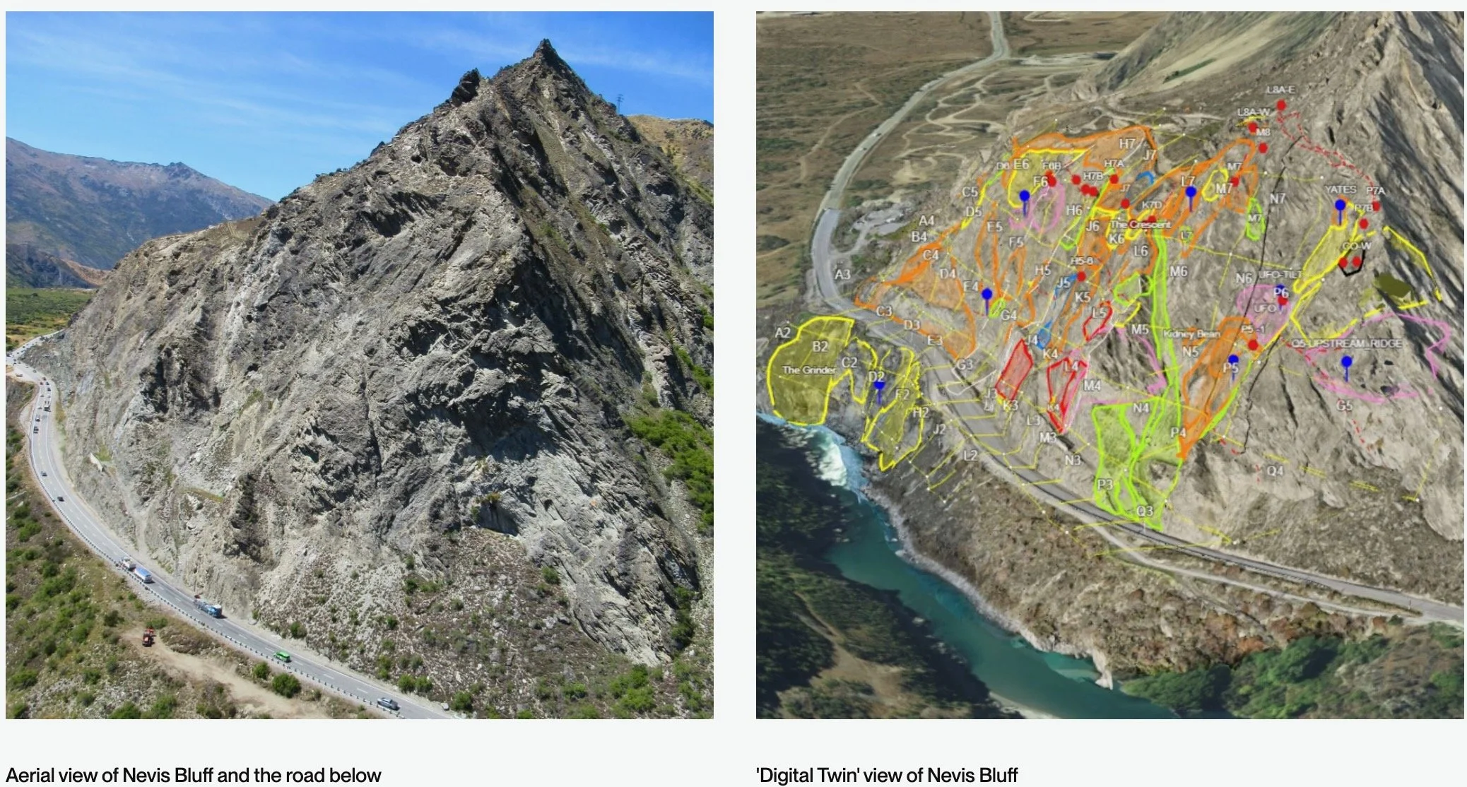 Two aerial views of a rock face, one has a digital view showing movement data.