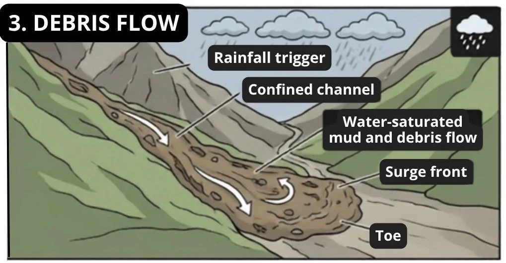 A diagram of debris flow showing, rainfall trigger, confined channel, water-saturated mud and debris flow, surge front, and toe.