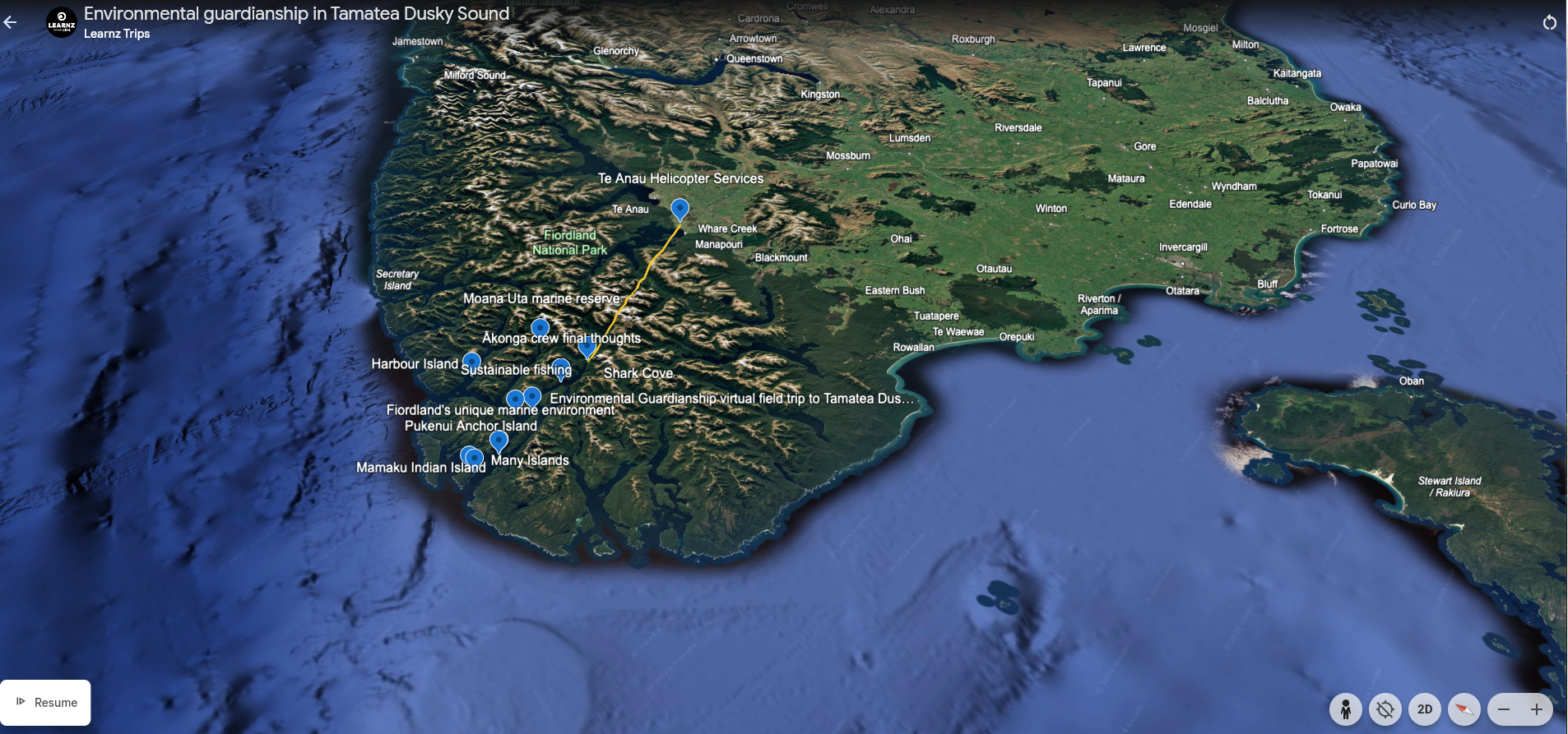 Satellite map showing the southern part of New Zealand, including Fiordland National Park, Stewart Island, and neighboring islands, with markers indicating environmental protection activities and locations.