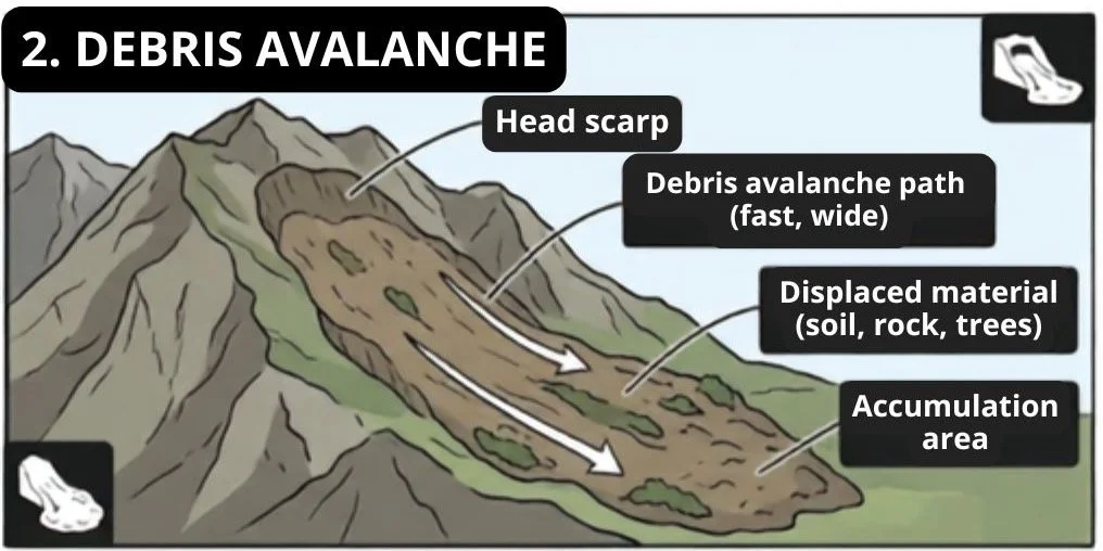 A diagram of  a debris avalanche showing head scarp, the debris avalanche path, displaced material, and an accumulation area.