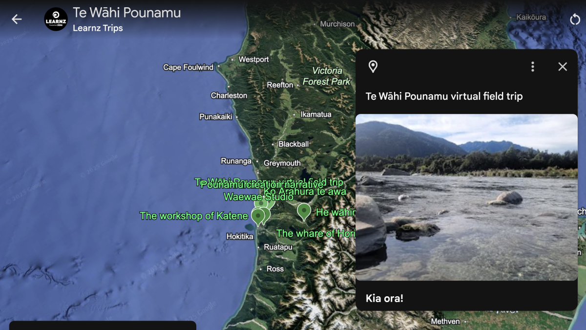 A map of the northern part of the South Island of New Zealand showing various landmarks and locations, including the Victoria Forest Park and Whanganui River, with a pop-up window displaying a scenic river photo and te reo Maori text.