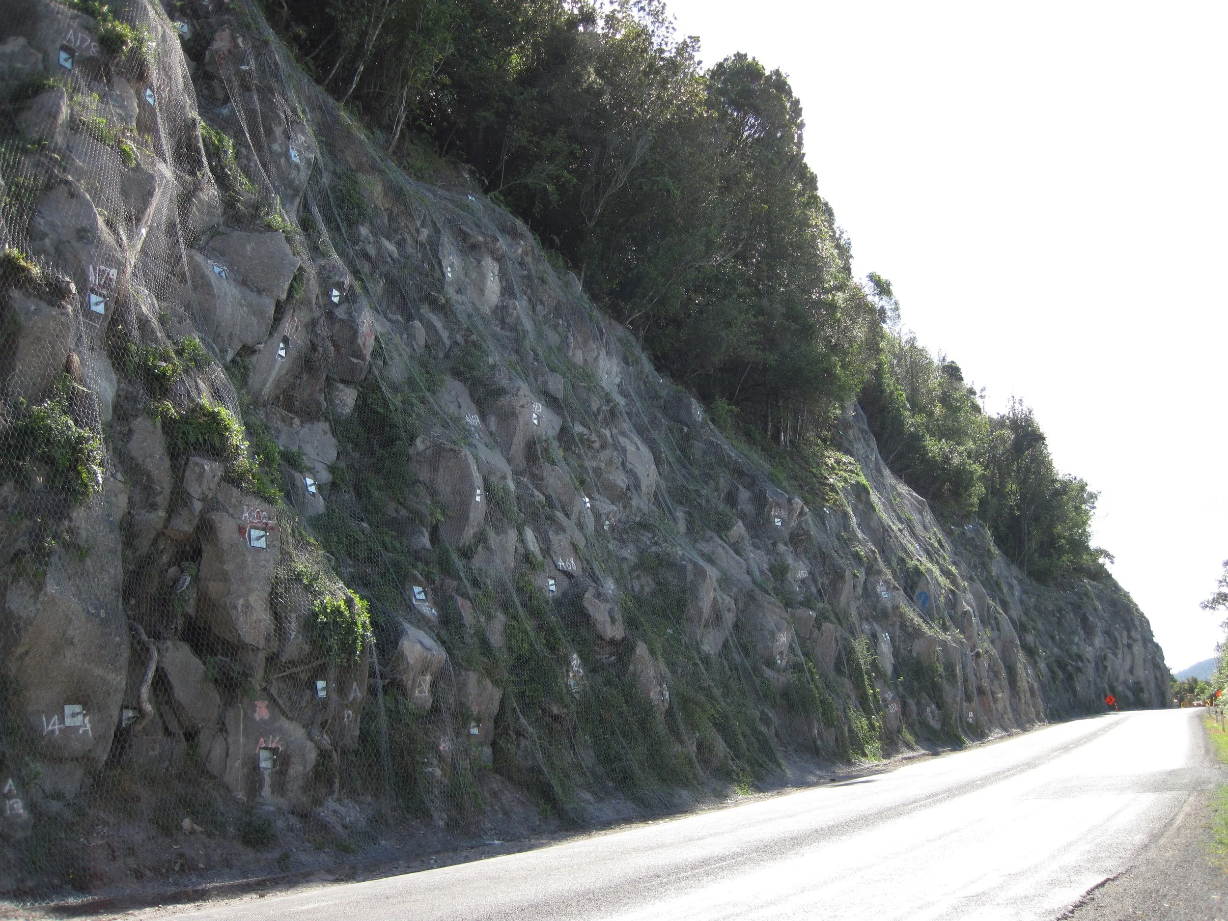 A hill where a landslide has occurred, next to a road, with netting to help stabilise the slope.