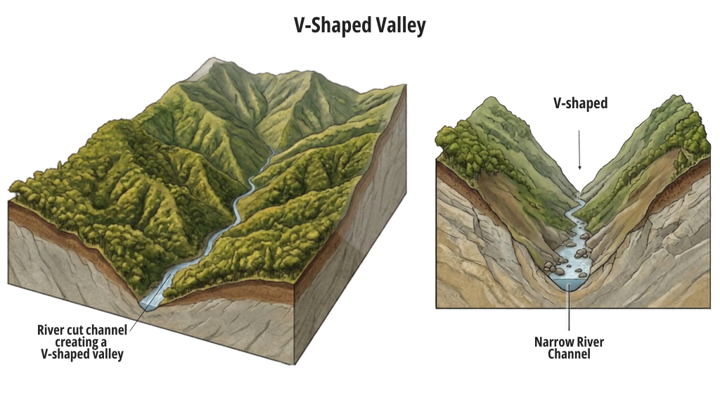 A diagram showing examples of v-shaped valleys.