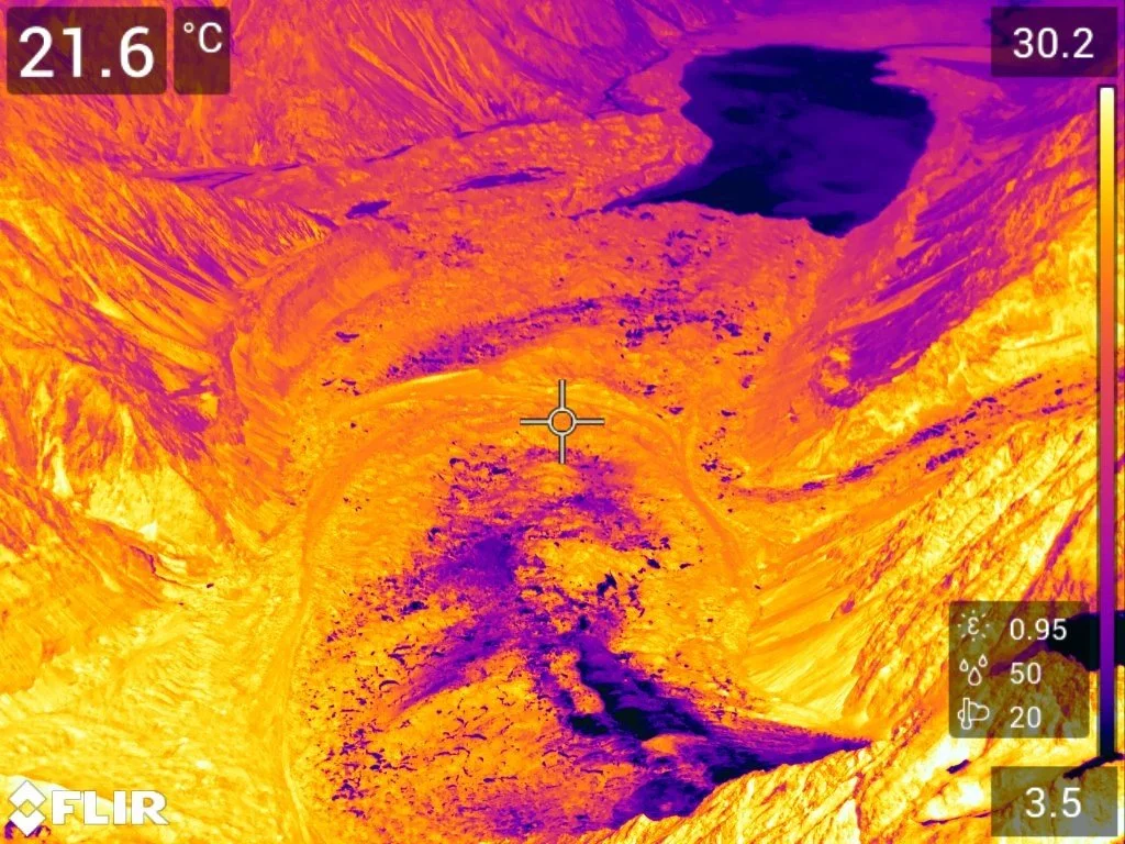 A thermal image of Haupapa the Tasman Glacier showing different surface temperatures.